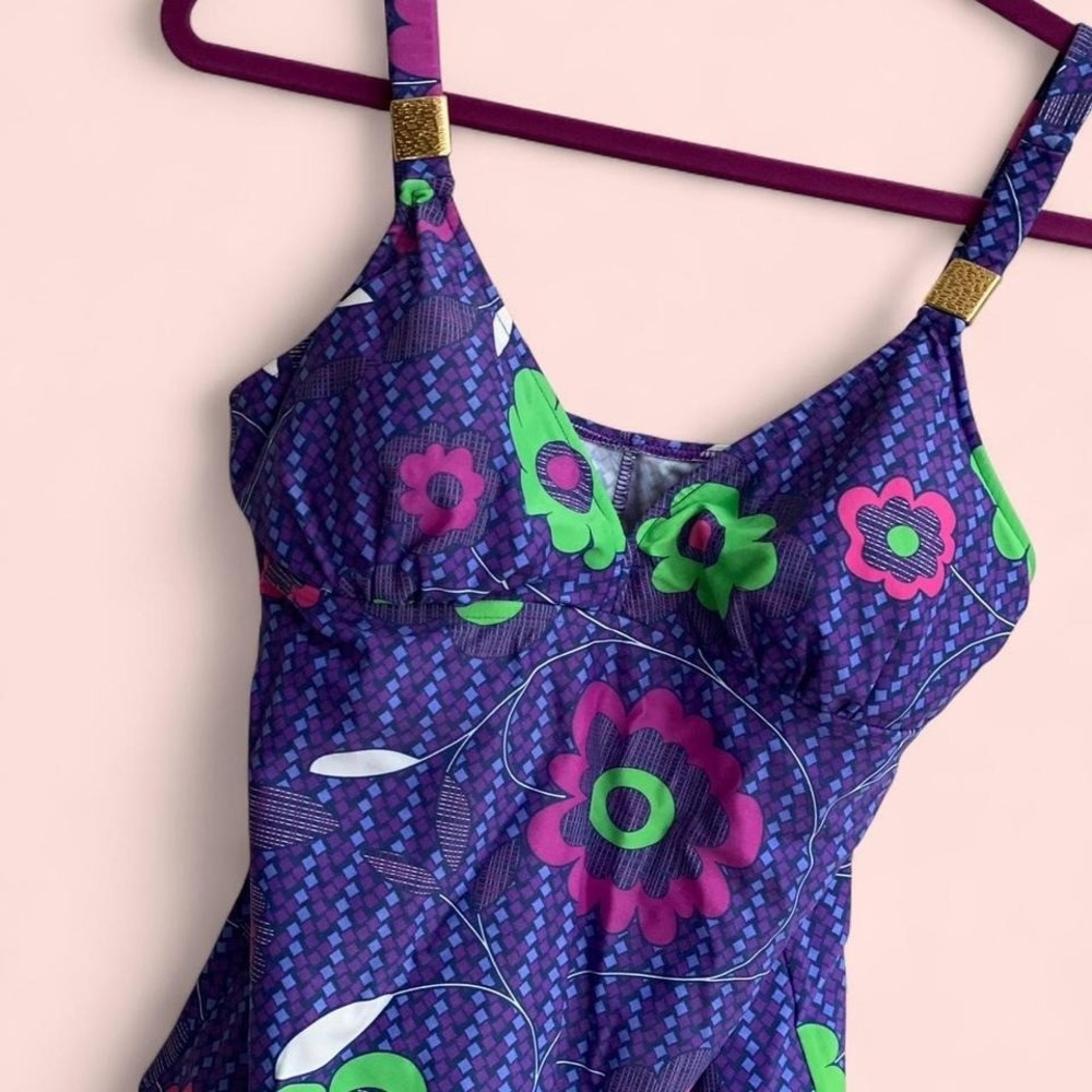 VINTAGE Purple and green floral print swimsuit w gold trim and adjustable strap